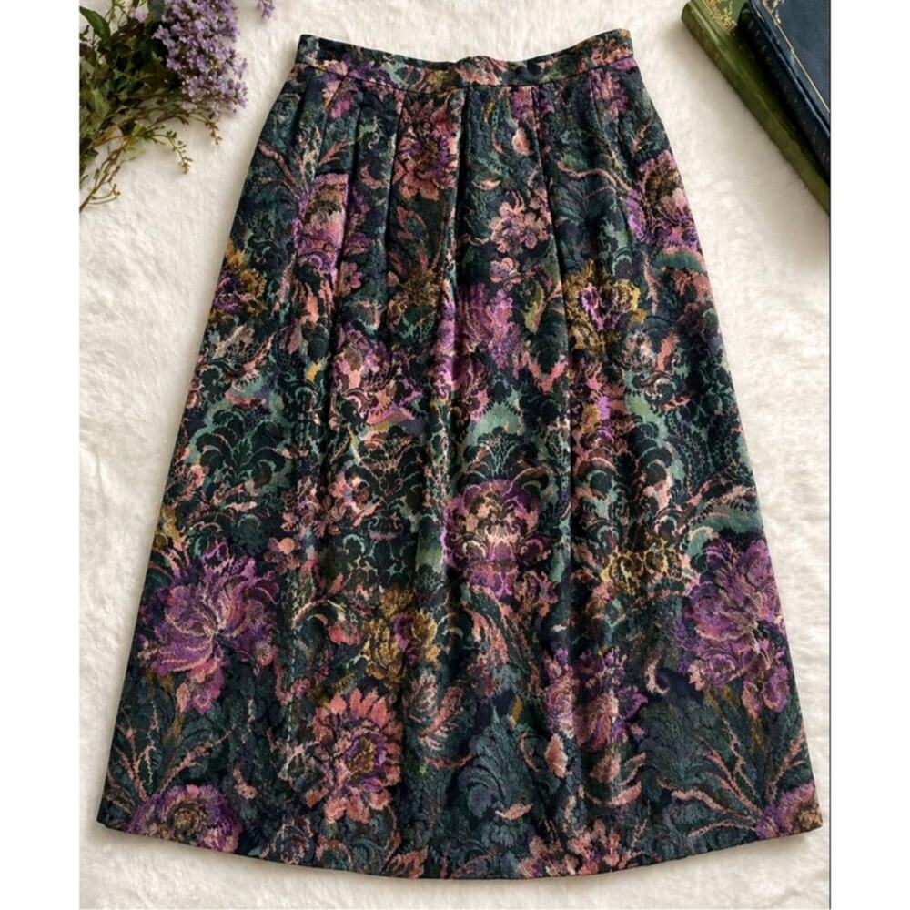 Rare 80s Vintage Tapestry Floral Midi Skirt 14 M L USA Made Cloak Of Many Colors